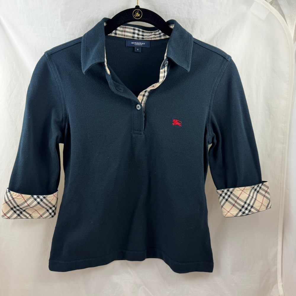 Authentic Burberry Polo in Navy with Plaid Sleeves & Button Placket